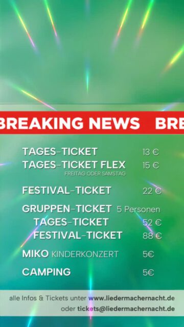 Neu in diesem Jahr!
Gruppentickets und Flex-Tagestickets für die Liedermachernacht 2026. Link in der Bio